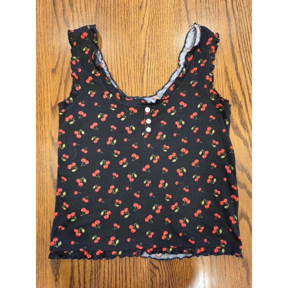 Cherry Print Tank Top Women's Medium Y2K Baby Tee Style Lettuce‎ Hem Cami
